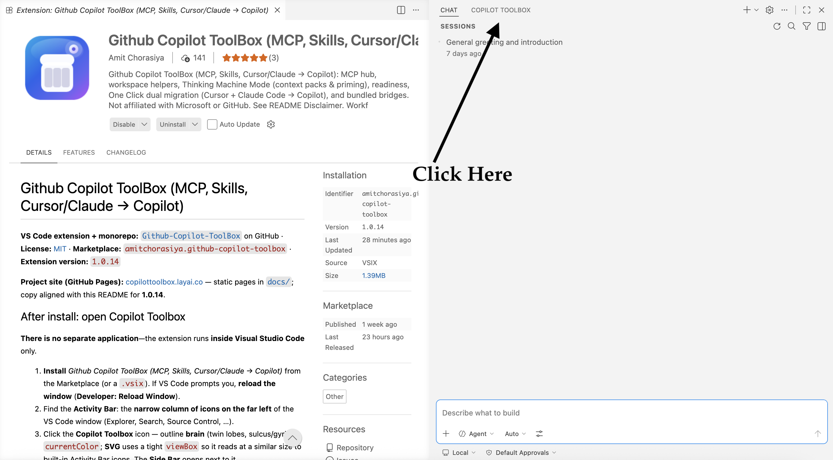 VS Code: Activity Bar Copilot Toolbox icon and Side Bar MCP & skills. Click to view fullscreen.