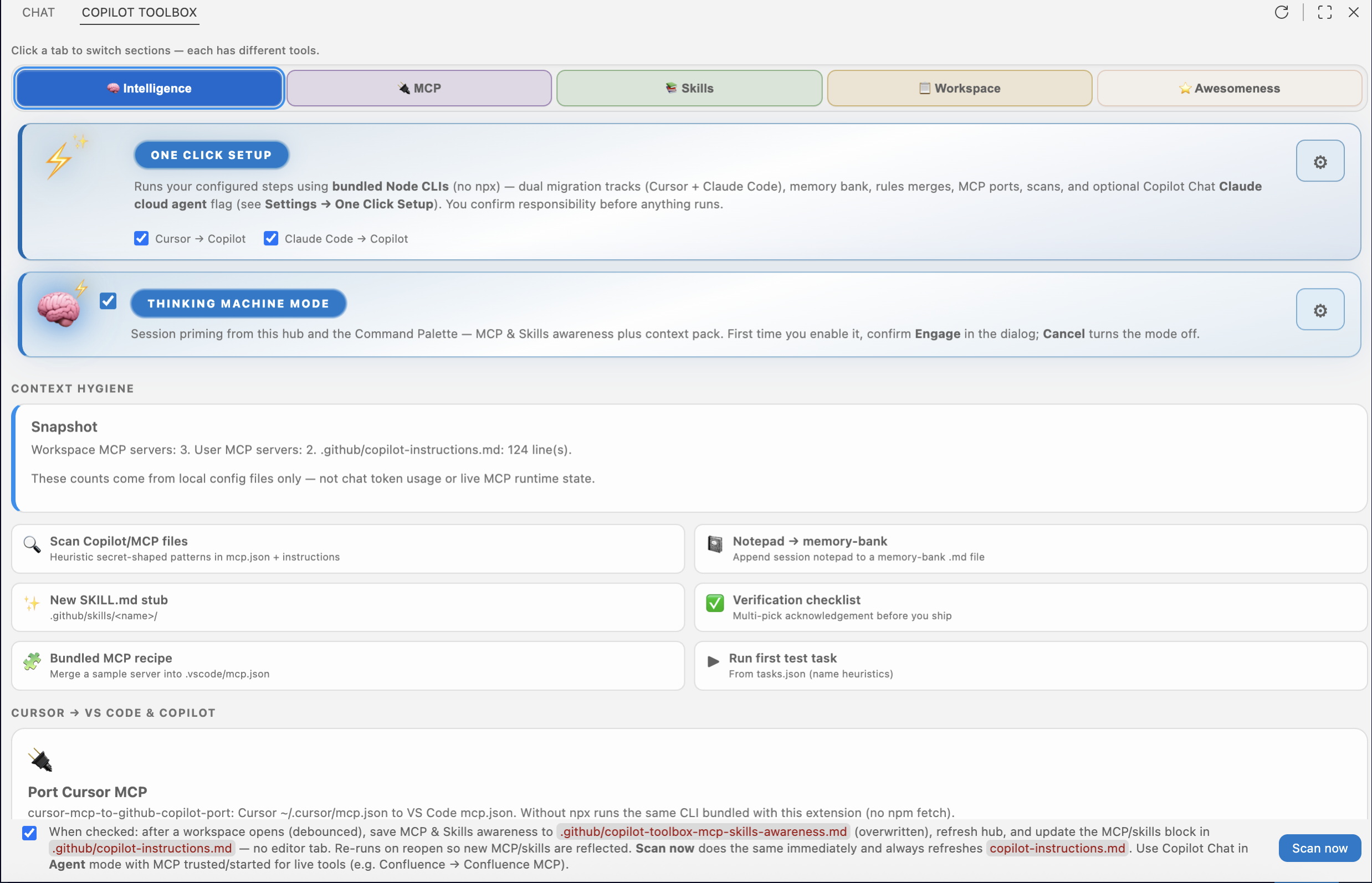 Github Copilot ToolBox hub: Intelligence tab with Cursor to VS Code and Copilot bridges. Click to view fullscreen.