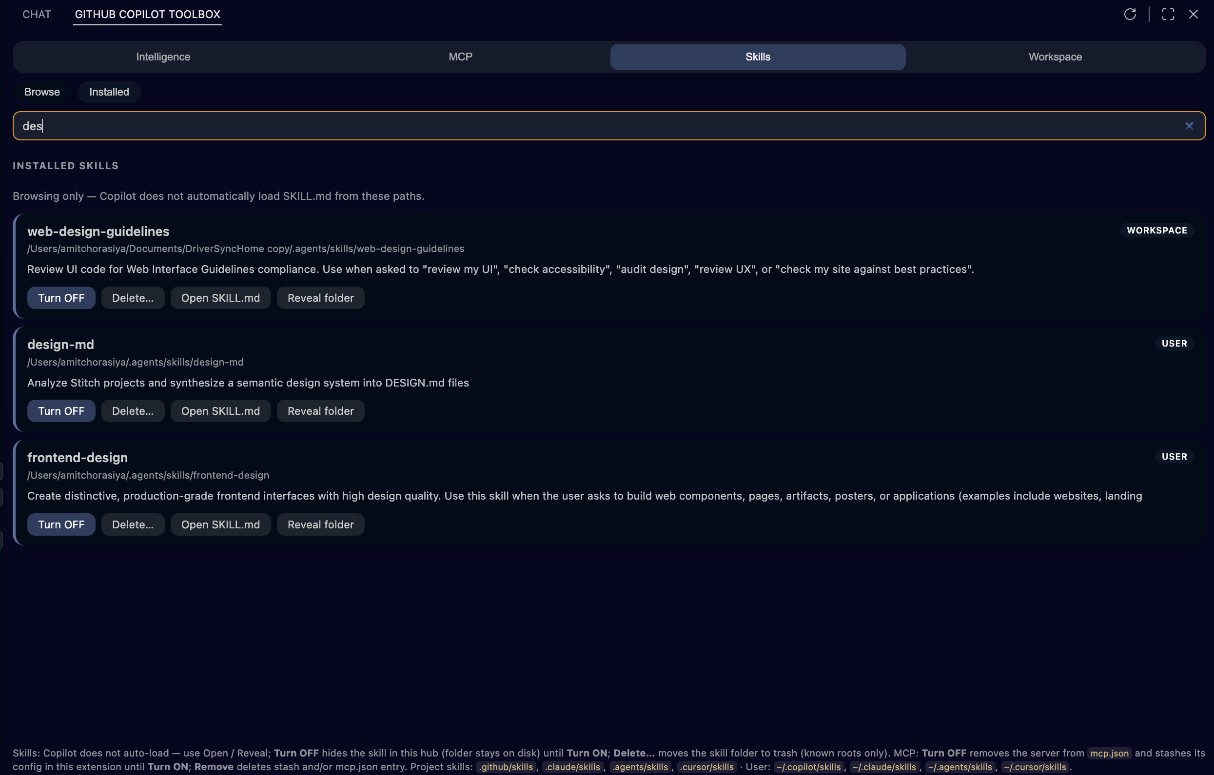 Installed local skills. Click to view fullscreen.